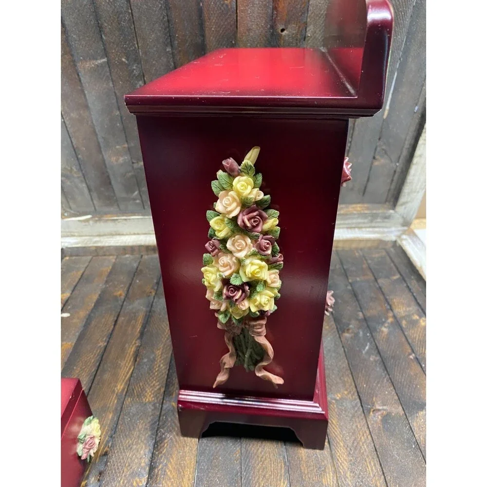 Set 2 Red Wood 4 Drawer Jewelry Chest With Resin Flowers And Trinket Photo Box